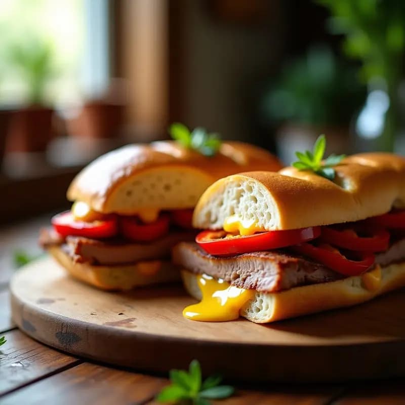 Emparedado de lomo con queso y pimientos asados servido en tabla de madera, con el pan tostado dorado, queso fundido saliendo por los lados y tiras de pimientos rojos asados visibles en el relleno. Bocadillo caliente tradicional español.