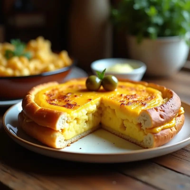 Emparedado de tortilla de patatas cortado por la mitad, mostrando el interior jugoso con capas de patata y huevo, sobre pan de barra tostado con mayonesa. Bocadillo español clásico listo para servir.