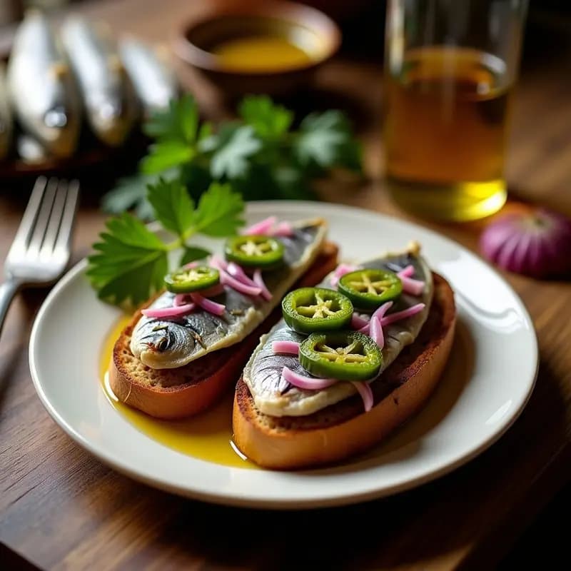 Emparedado abierto sobre pan rústico con sardinas en aceite, rodajas de pimiento verde asado y cebolla morada finamente picada, típico bocata gallego tradicional.