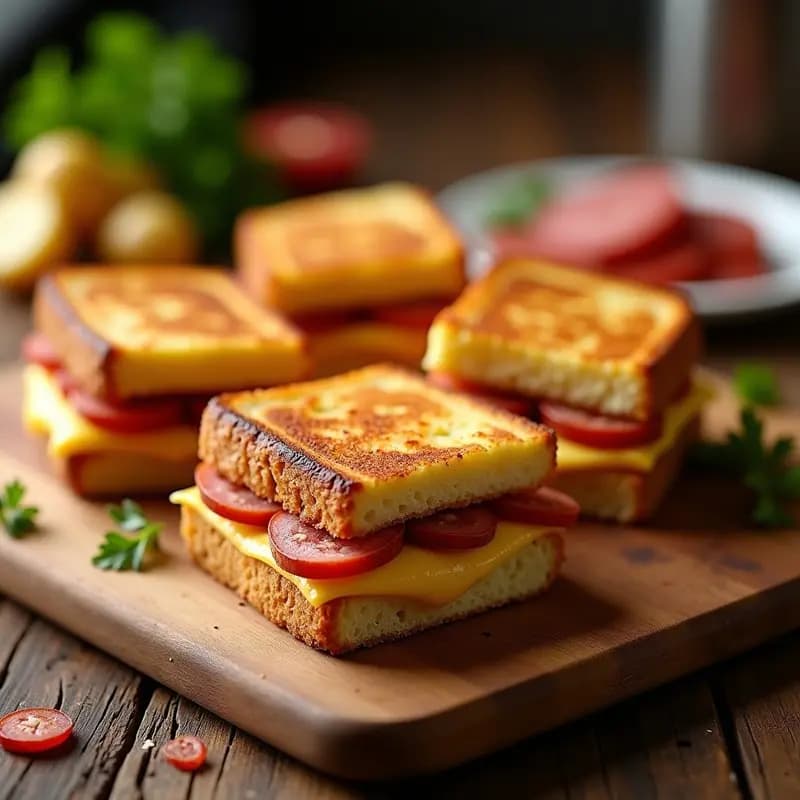 Emparedados de tortilla y chorizo en bandeja de madera, con pan dorado, capas visibles de tortilla de patata, rodajas de chorizo y queso derretido, servidos sobre papel de horno rústico.