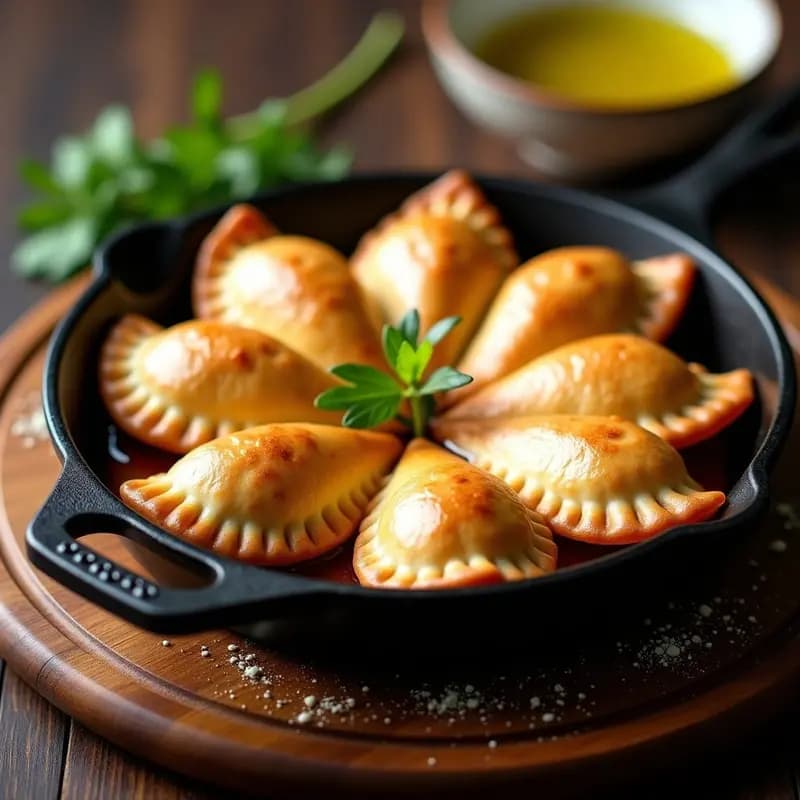 Empedanadas gallegas de atún y pimiento doradas y crujientes en una sartén de hierro, con relleno jugoso asomando por los bordes sellados. Plato tradicional español con masa fina.