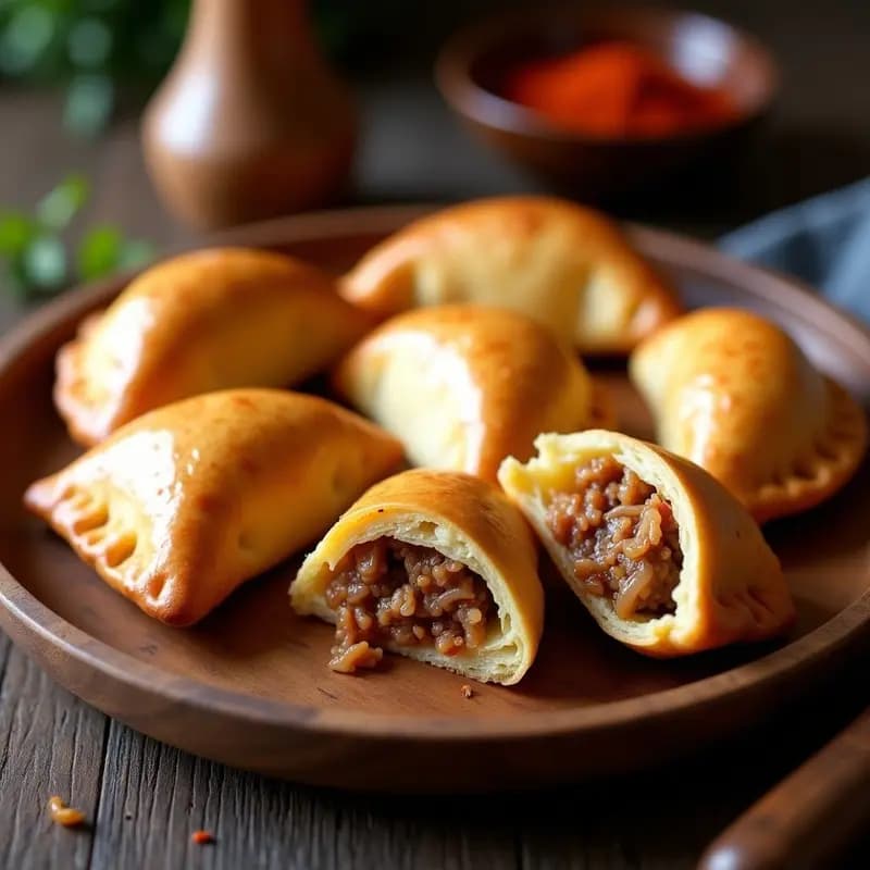 Empedanadas gallegas de zorza doradas y crujientes sobre una bandeja de madera rústica, con el relleno de cerdo asomando ligeramente al cortarlas por la mitad. Acompañadas de un poco de pimentón espolvoreado.