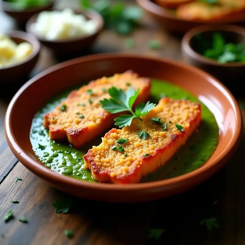 Plato de empedanado de atún crujiente con salsa verde casera, acompañado de limón y perejil fresco, típico de la cocina española tradicional.