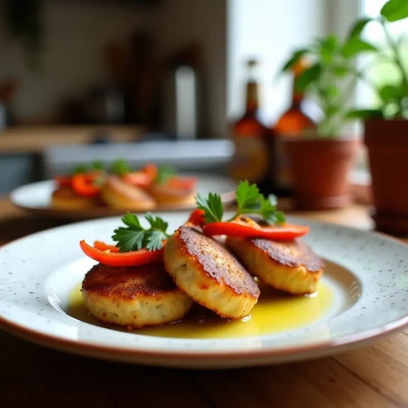 Plato blanco con empanados dorados de bonito y pimientos, crujientes por fuera y jugosos por dentro, decorados con tiras de pimiento asado y perejil fresco, receta vasca gourmet de conserva.