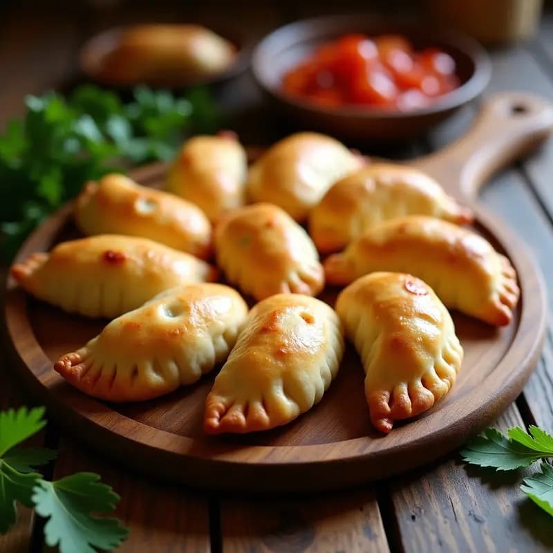 Empedanillas de atún y pimiento choricero doradas y crujientes, servidas en un plato blanco rústico con fondo de madera. Receta vasca tradicional para tapas.