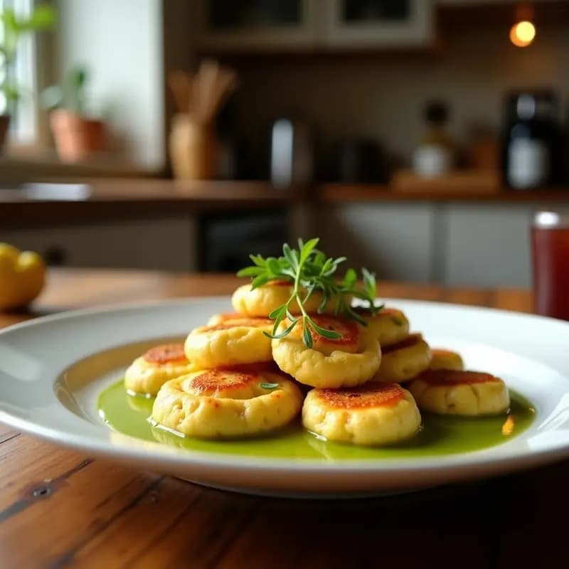 Empedanillas de atún y pimiento verde doradas y crujientes sobre un plato de cerámica blanca, con aceite de oliva y perejil fresco al fondo. Tapa andaluza tradicional para fiestas.