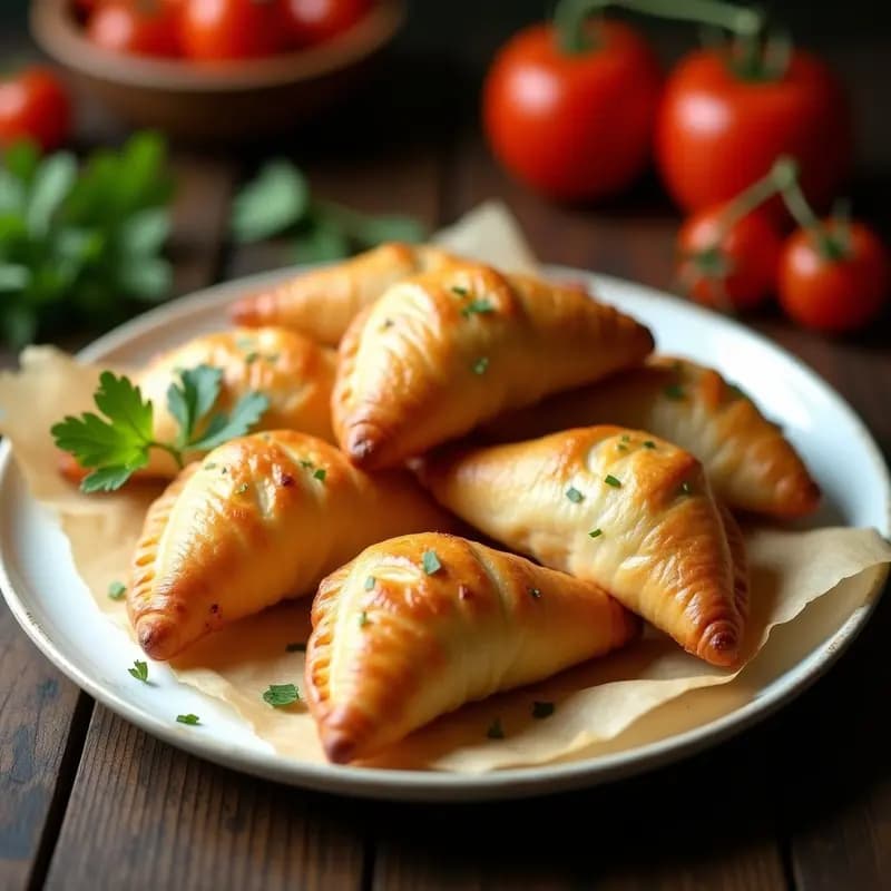 Empedanillas de atún y tomate murcianas doradas y crujientes sobre un plato de barro rústico, con su interior jugoso de atún, tomate y pimiento asado visible en una de ellas. Acompañadas de hierbas frescas y un fondo de cocina tradicional española.