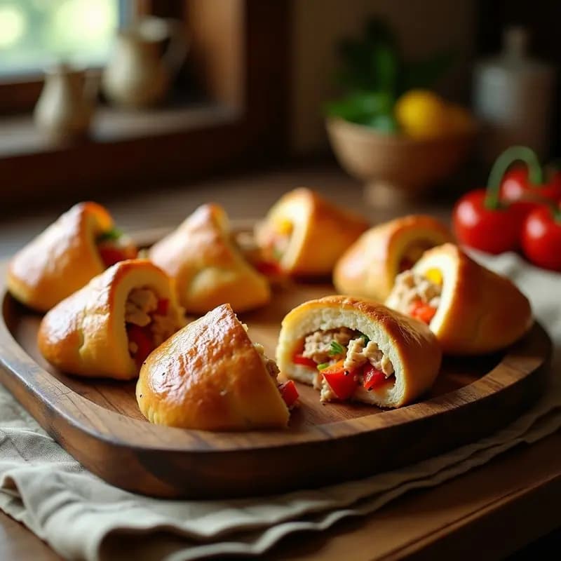 Empedaos murcianos dorados y crujientes sobre una bandeja de madera, rellenos de atún, pimientos asados y huevo duro, con un fondo rústico de cocina tradicional.