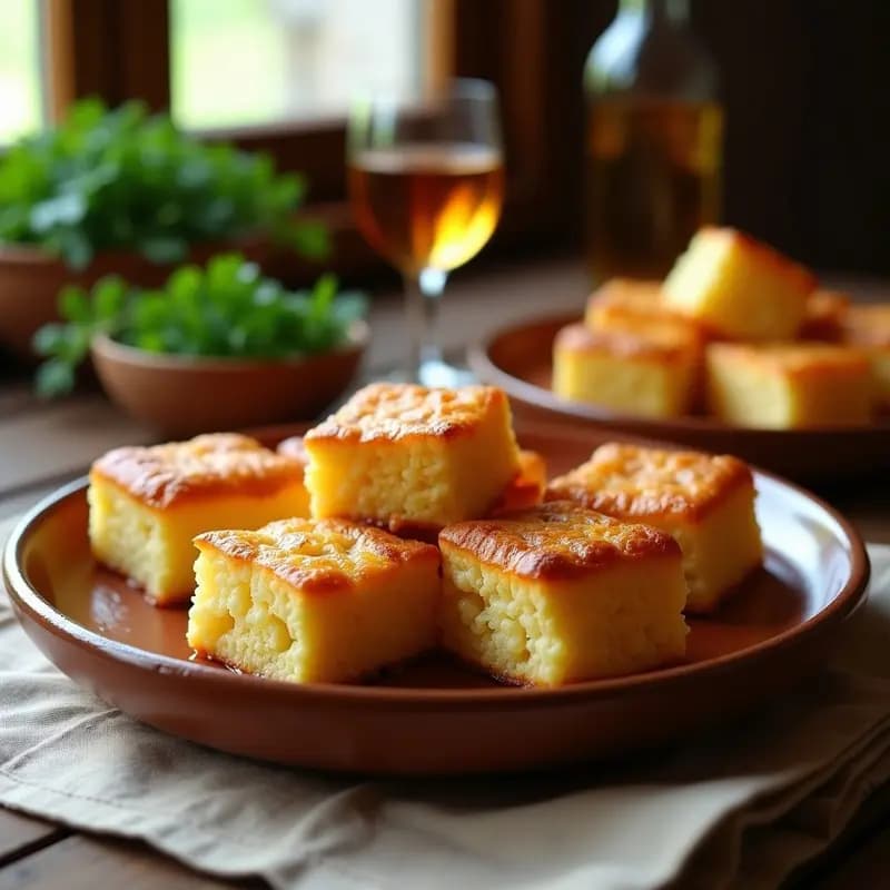 Empedaos de maíz dorados al horno con trozos de chicharrones crujientes en la superficie, servidos en un plato de barro rústico. Receta tradicional asturiana de montaña.