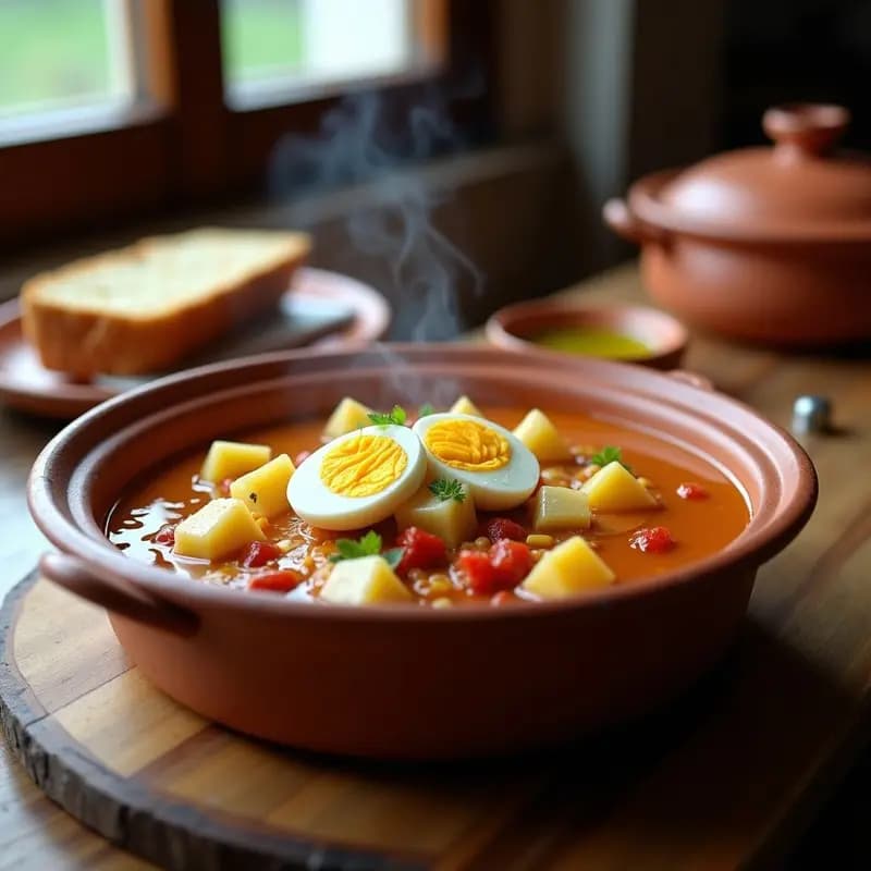 Olla de barro humeante con empedradillo manchego, un guiso tradicional de patatas, bacalao desmenuzado y trozos de ñora, acompañado de huevo duro picado. Plato rústico y reconfortante típico de La Mancha.