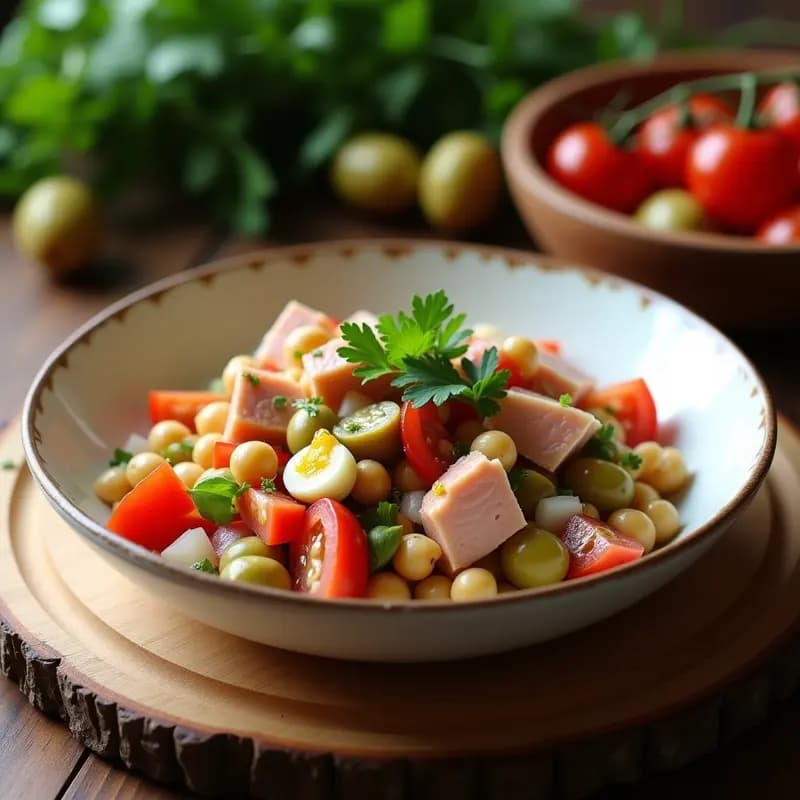 Bol de cerámica blanca con empedrado de atún y garbanzos: mezcla fría de garbanzos, atún en trozos, cebolla morada, pimiento verde, tomate, aceitunas y huevo duro, aliñado con aceite de oliva y perejil fresco. Plato tradicional murciano sin cocción, servido en tabla de madera rústica.