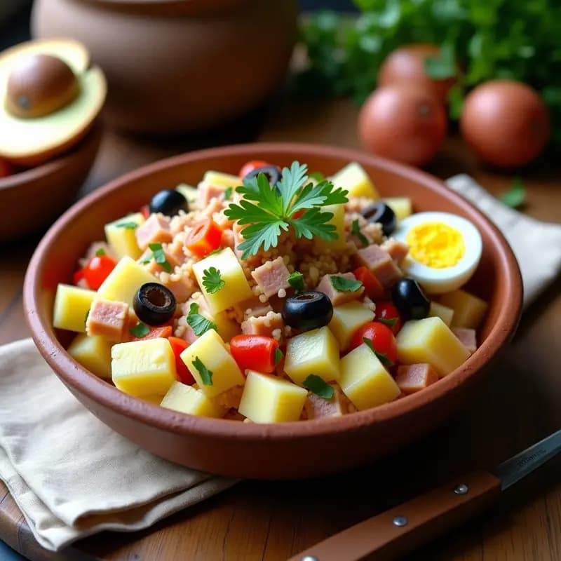 Bol hondo de barro con empedrado de atún, huevo y patata, mostrando trozos de patata, huevo duro, atún desmenuzado, cebolla morada, pimiento verde y aceitunas negras, decorado con perejil fresco y un hilo de aceite de oliva.