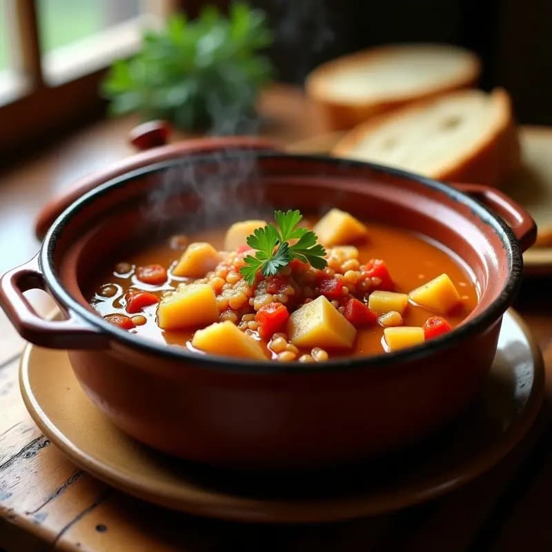 Olla de barro humeante con Empedrado Extremeño, guiso de cuchara con trozos de bacalao desmenuzado, pimientos rojos asados triturados y patatas en cubos, servido en plato hondo rústico.