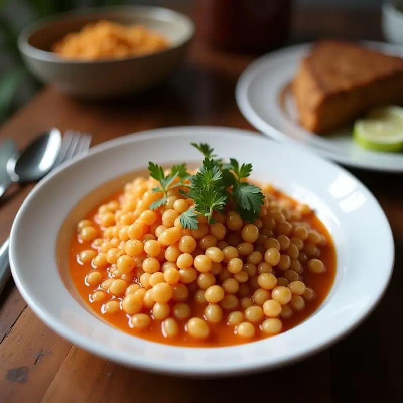 Cazuela de barro con empedrado extremeño: garbanzos, arroz, morcilla y huevos cuajados, servido humeante con un toque rústico.