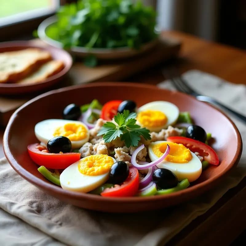 Ensalada empedrat de bacalao catalán en plato hondo de barro, con trozos de bacalao desmigado, gajos de tomate rojo, aceitunas negras, huevo duro en cuartos y perejil fresco. Aliño brillante de aceite y vinagre.