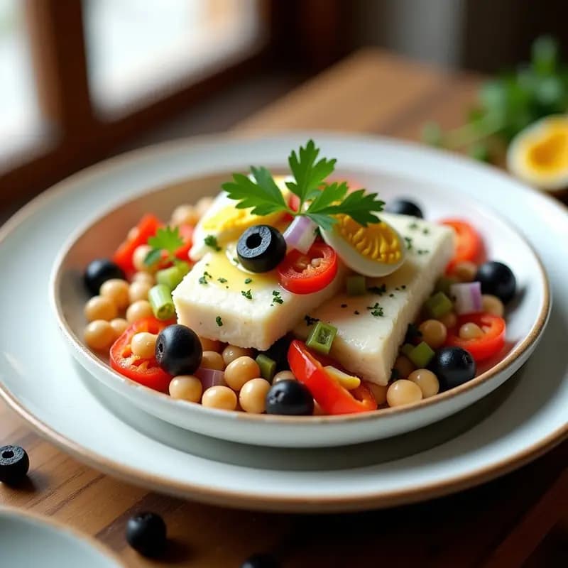 Plato hondo de cerámica blanca con empedrat de bacalao y garbanzos, decorado con huevo duro, pimiento rojo asado, aceitunas negras y perejil fresco. Receta mallorquina tradicional de vigilia.