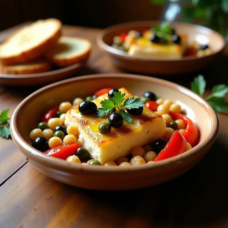 Plato hondo de barro con empedrat de bacalao desmenuzado, garbanzos, pimientos asados rojos y verdes, aceitunas negras y perejil fresco, servido con un hilo de aceite de oliva virgen extra. Receta catalana tradicional sin gluten.