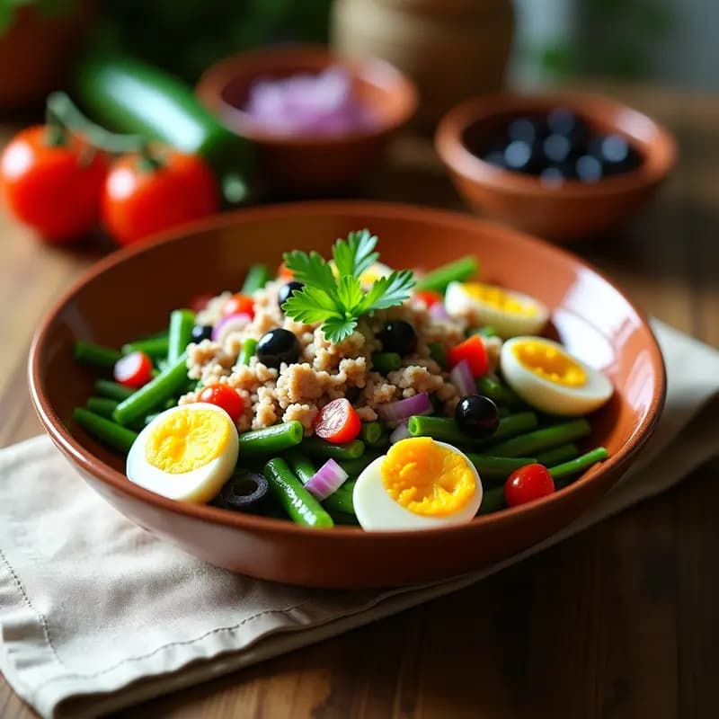 Ensalada valenciana empedrat de habas con atún y huevos duros servida en un plato hondo de barro. Las habas tiernas, el atún desmenuzado y los huevos en cuartos se mezclan con cebolla morada, tomate, pimiento verde y aceitunas negras. Aliñada con aceite de oliva y decorada con perejil fresco.
