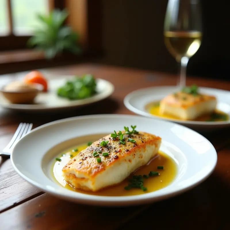 Filetes de emperador al horno con costra de sal dorada y hierbas provenzales, servidos en plato blanco con cebollino fresco y hilo de aceite de oliva, receta francesa gourmet.