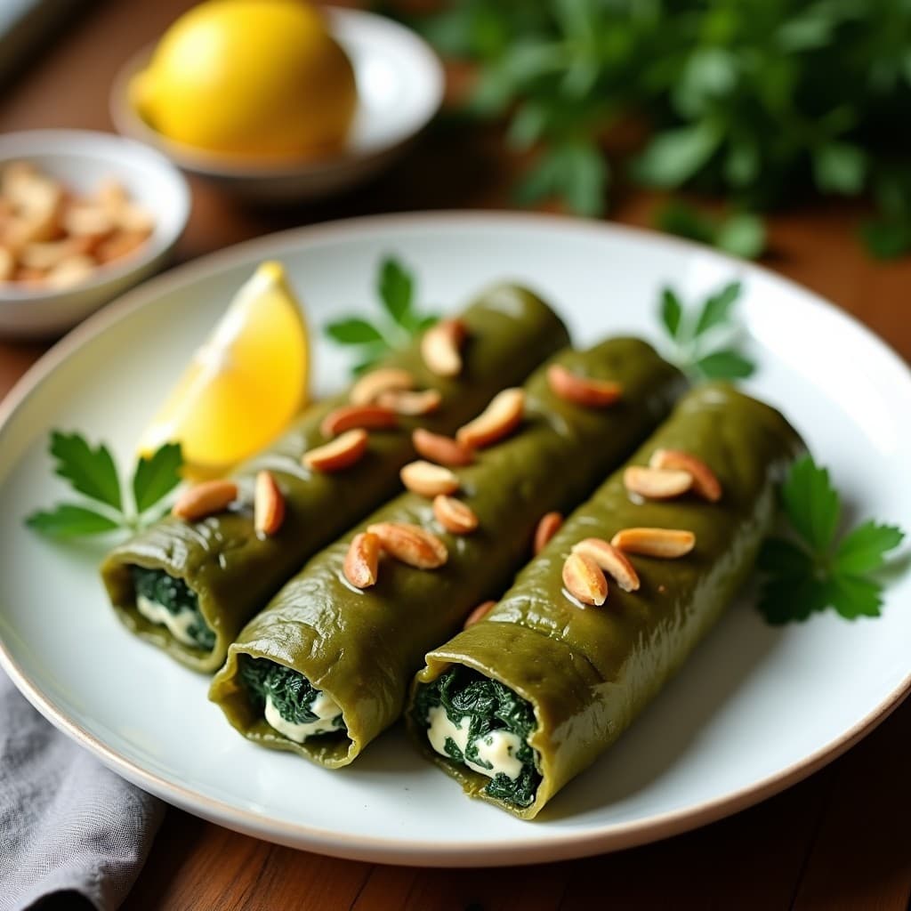 Empanadillas de hoja de parra rellenas de espinacas y piñones doradas y crujientes, servidas en un plato rústico de cerámica blanca con hierbas frescas y rodajas de limón, receta griega en airfryer.