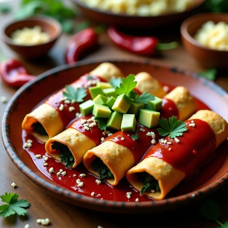 Fuente de barro con enchiladas de col rizada y queso de almendras veganas, cubiertas de salsa de tomate ahumado y chipotle, decoradas con cilantro fresco. Plato colorido con tortillas de maíz azul, textura cremosa y dorada.