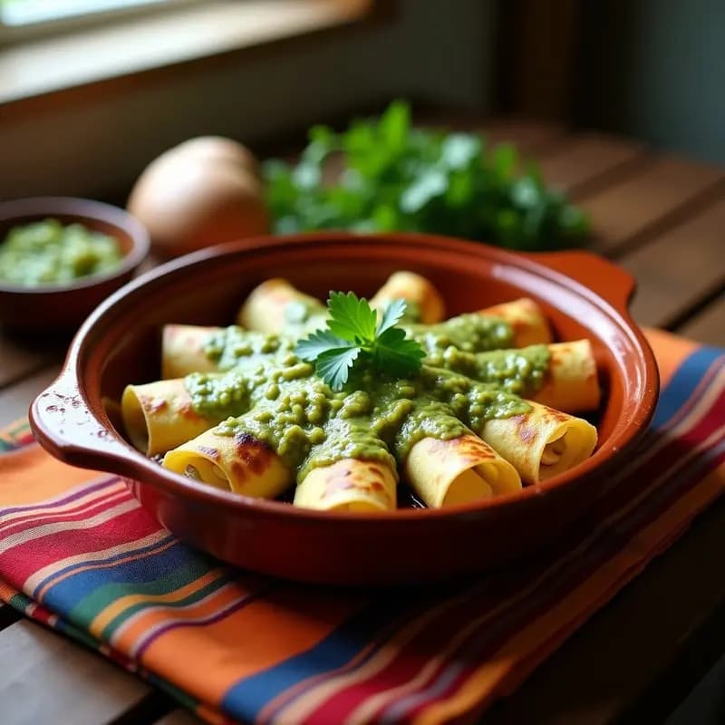 Fuente de barro con enchiladas de espinacas y queso de oveja con salsa verde sin gluten, horneadas y gratinadas, decoradas con crema ácida y cilantro fresco sobre un mantel de lino.
