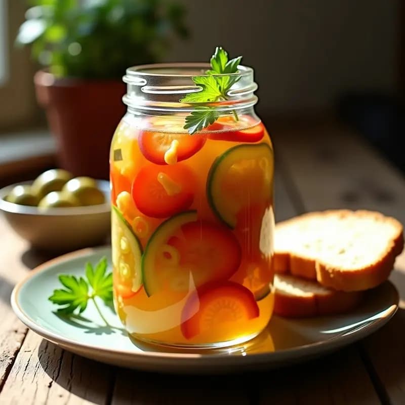 Tarro de vidrio transparente lleno de encurtidos de verduras con vinagre de Jerez: zanahoria, pepino, cebolla morada y pimiento verde en rodajas, sumergidos en líquido dorado con especias. Receta andaluza tradicional para tapas.