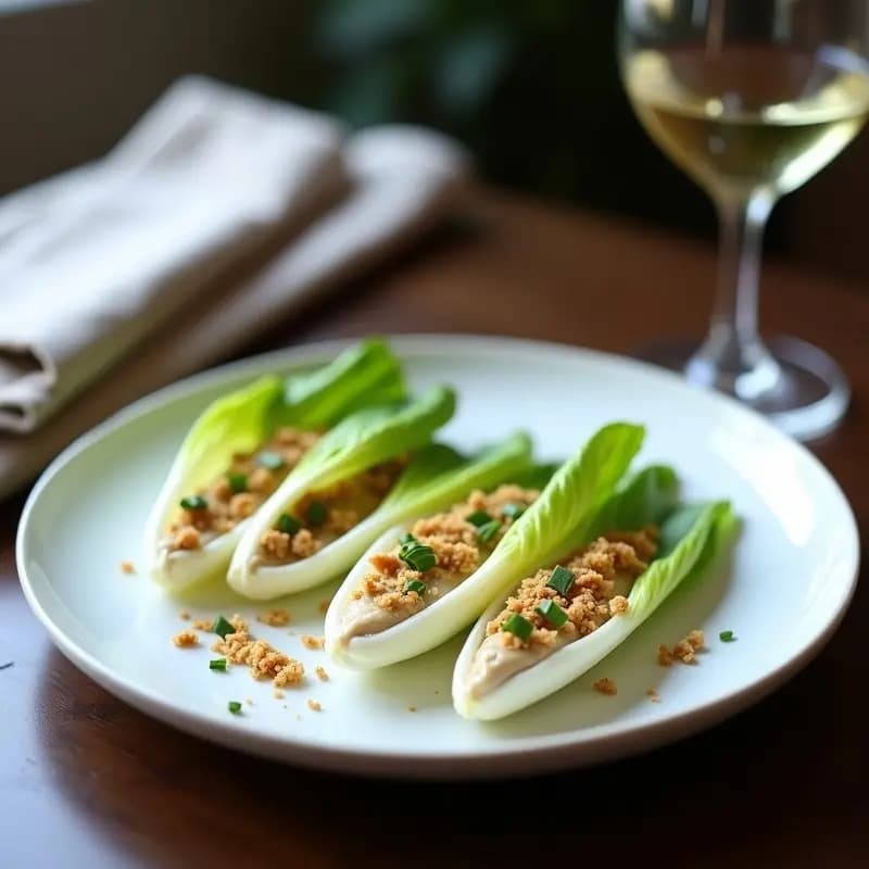 Plato blanco elegante con endibias rellenas de brandada de bacalao vegana, decoradas con cebollino fresco y pan rallado tostado, entrante francés sofisticado y moral.
