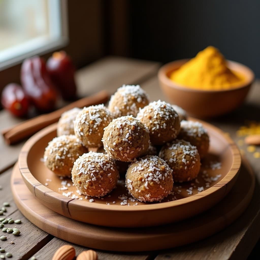 Bandeja de madera con Energy Balls de dátiles y polvo de lucuma, cubiertas de coco rallado, sobre un fondo rústico con ingredientes como almendras, semillas de chía y un tarro de lucuma en polvo. Snack peruano sin azúcar.