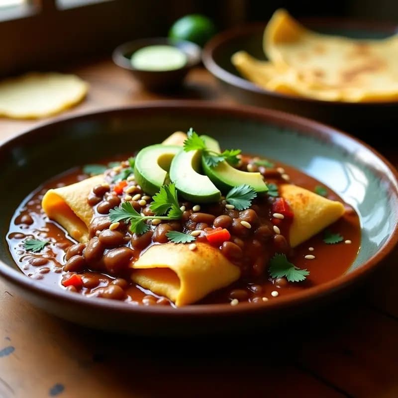 Plato de enfrijoladas costarricenses veganas con tortillas de maíz bañadas en salsa cremosa de frijoles negros, decoradas con rodajas de aguacate, cilantro fresco y semillas de sésamo tostadas.