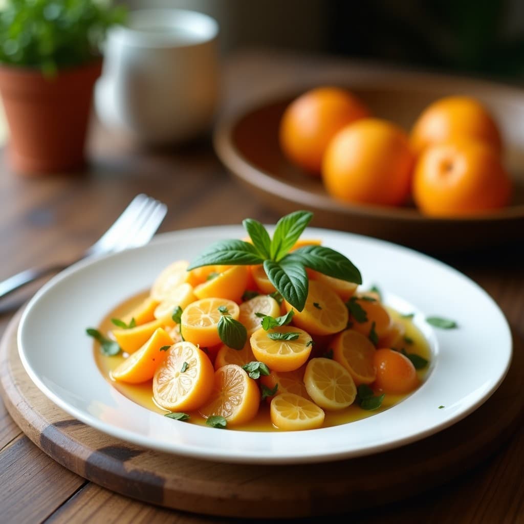 Ensalada italiana vegana y sin gluten con alcachofas asadas doradas, gajos de naranjas sanguinas vibrantes, rúcula fresca, cebolla morada en juliana y almendras tostadas, bañada en vinagreta de vinagre de Módena. Plato servido en fuente de cerámica blanca sobre fondo rústico.