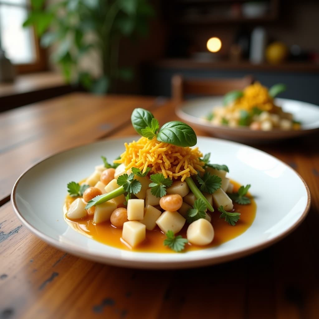 Ensalada mediterránea en bol blanco con alcachofas en cuartos, hojas de rúcula fresca, semillas de granada rojas brillantes y almendras tostadas. Vinagreta dorada de mostaza y miel vertida sobre los ingredientes. Fondo rústico con telas de lino.