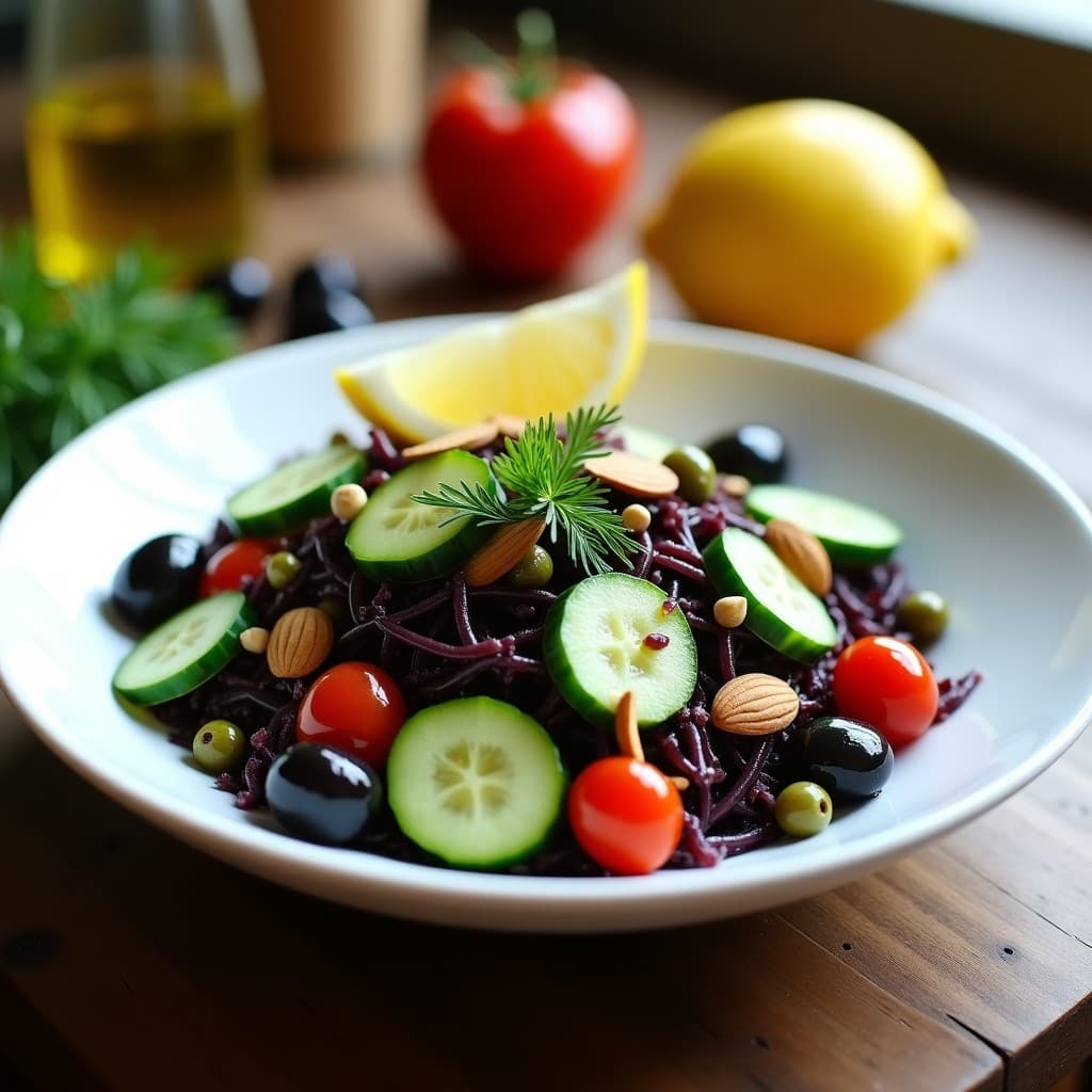 Ensalada irlandesa vegana de algas dulse y pepino con vinagreta de limón y aceite de oliva, servida en plato blanco hondo con rodajas de pepino, algas moradas, aceitunas kalamata y eneldo fresco espolvoreado.