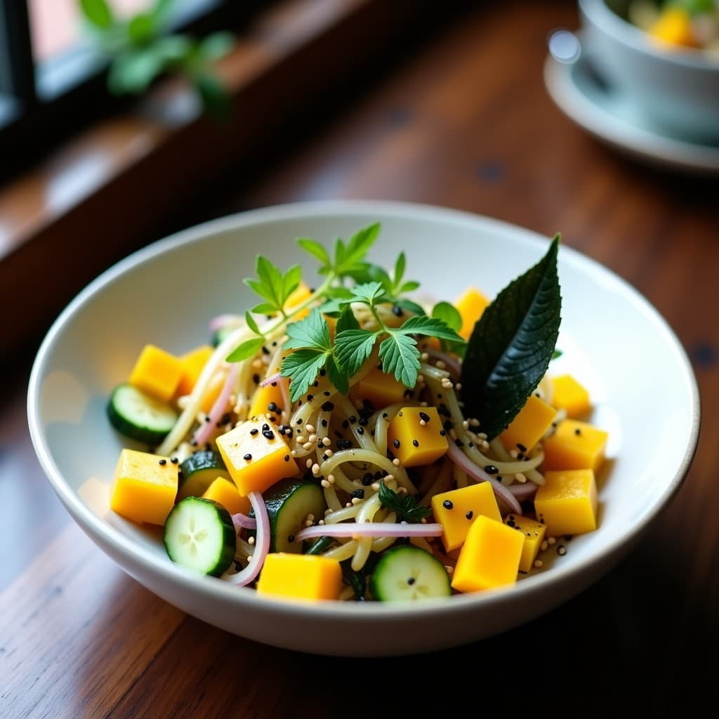 Ensalada de algas Nori y Mango: Receta Corea del Sur con Aderezo de Sésamo y Sake