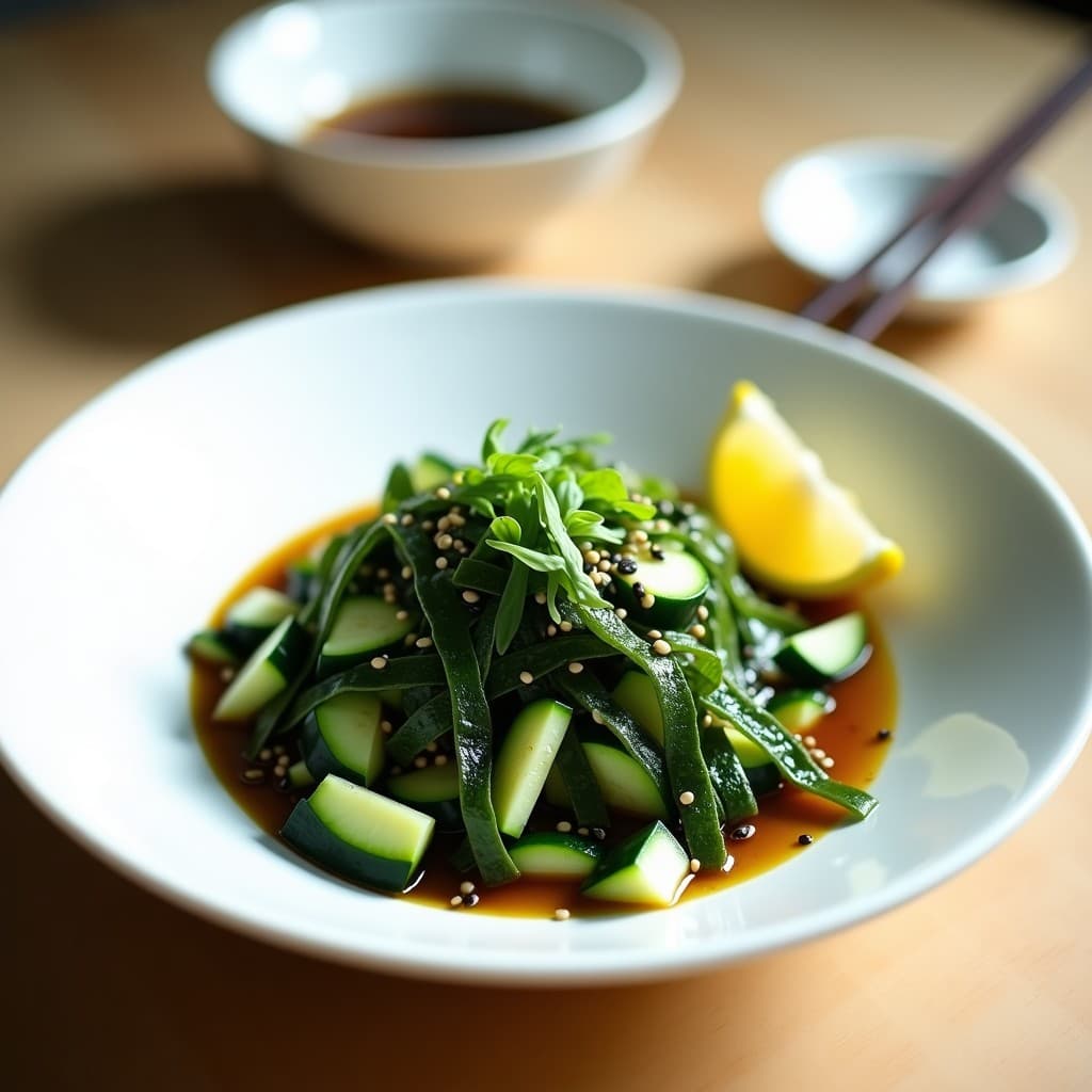 Ensalada coreana fresca de algas nori tostadas en tiras finas, rodajas de pepino verde y cebollino picado, bañada en vinagreta de sésamo negro. Servida en bol de cerámica blanca con semillas de sésamo espolvoreadas y rodaja de limón.