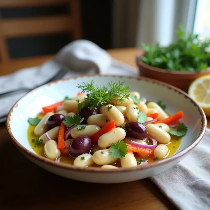 Ensalada griega fría en un bol de barro blanco con alubias blancas, alcachofas en cuartos, cebolla morada, pimiento asado y aceitunas kalamata. Aliñada con vinagreta de limón y eneldo fresco, decorada con hojas de eneldo y un chorrito de aceite de oliva virgen extra.