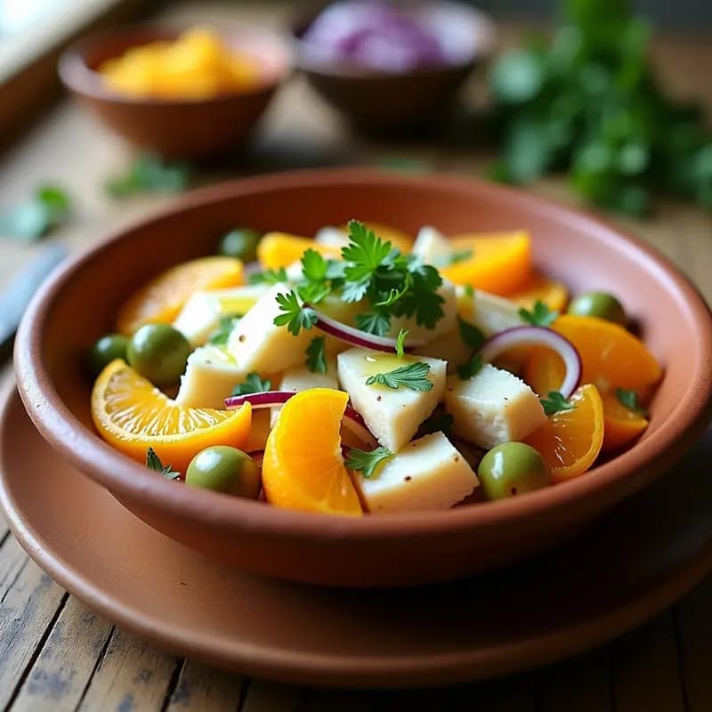 Ensalada fresca de bacalao desalado desmenuzado, gajos de naranja Navel, aceitunas verdes, cebolla morada y pimiento verde en juliana, aliñada con aceite de oliva y perejil picado, servida en un bol de barro rústico.