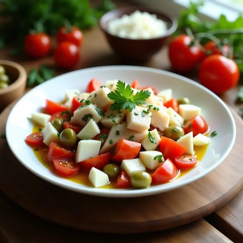 Ensalada fresca de bacalao desalado con trozos de tomate rojo, cebolla blanca en juliana, aceitunas verdes y huevo duro, aliñada con aceite de oliva y perejil. Plato servido en un bol de cerámica blanca sobre fondo rústico.
