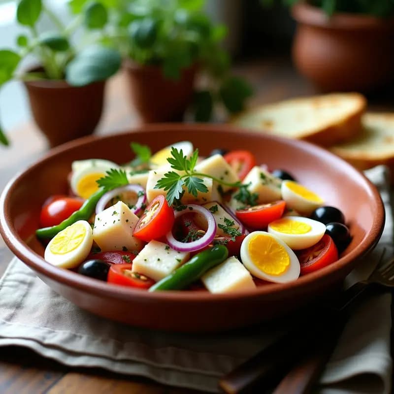 Ensalada vasca fresca con bacalao desalado desmenuzado, gajos de tomate pera rojo, huevos duros en cuartos, cebolla morada en juliana, aceitunas verdes y perejil picado, servida en un bol de barro con aliño de aceite de oliva y vinagre.