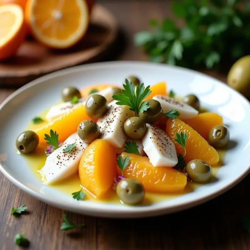 Ensalada navideña de bacalao desalado desmenuzado, gajos de naranja fresca, aceitunas verdes y cebolla morada picada, servida en un plato blanco con aliño de aceite de oliva y vinagre de Jerez, decorada con perejil fresco.
