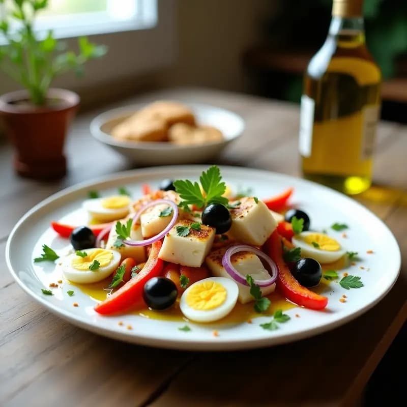 Ensalada fría de bacalao desmenuzado con tiras de pimientos asados rojos y verdes, cebolla morada en juliana, huevo duro en rodajas, aceitunas negras y perejil fresco, aliñada con aceite de oliva virgen extra, servida en un plato blanco rústico sobre fondo de madera.