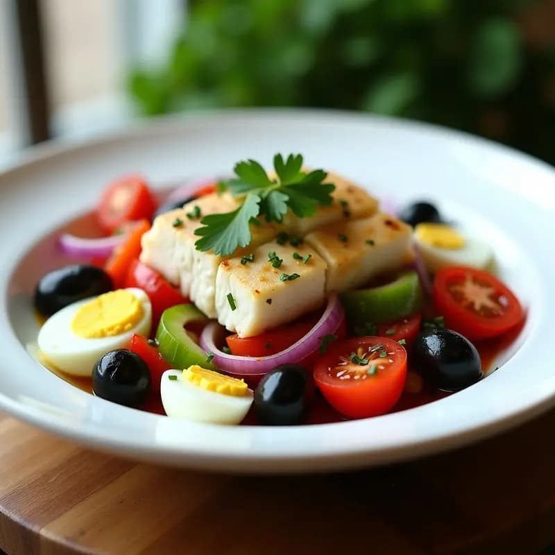 Ensalada fresca de bacalao desalado en trozos, pimientos asados rojos y verdes en tiras, aceitunas negras, cebolla morada, tomate y huevo duro, servida en un bol blanco con aliño de aceite de oliva y perejil picado.