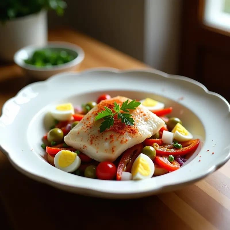 Ensalada fría de bacalao desalado desmenuzado con tiras de pimientos del piquillo asados, aceitunas verdes, cebolla morada, huevo duro picado y perejil fresco, servida en un bol blanco sobre fondo rústico de madera. Plato tradicional de vigilia español.