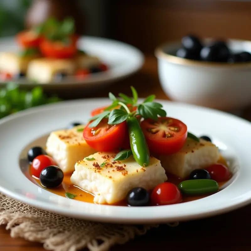 Ensalada vasca de bacalao desmenuzado con tomate pera en gajos, pimiento verde en tiras, aceitunas negras, cebolla morada y huevo duro en cuartos, aliñada con aceite de oliva y perejil fresco, servida en un bol de cerámica blanca sobre fondo rústico.