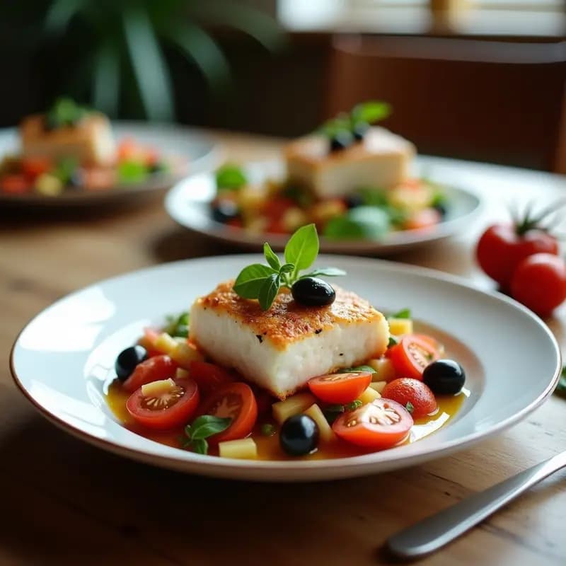 Ensalada vasca fresca de bacalao desmigado con tomate rojo en cubos, aceitunas verdes, cebolla morada y pimiento verde, aliñada con aceite de oliva y decorada con perejil fresco.
