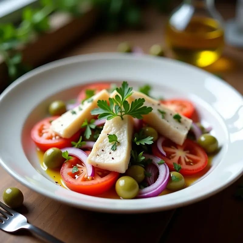 Ensalada fresca vasca en bol de cerámica blanca con bacalao desmenuzado, tomate pereta en dados, cebolla morada en juliana, aceitunas verdes y pimiento verde, aliñada con aceite de oliva y perejil fresco.