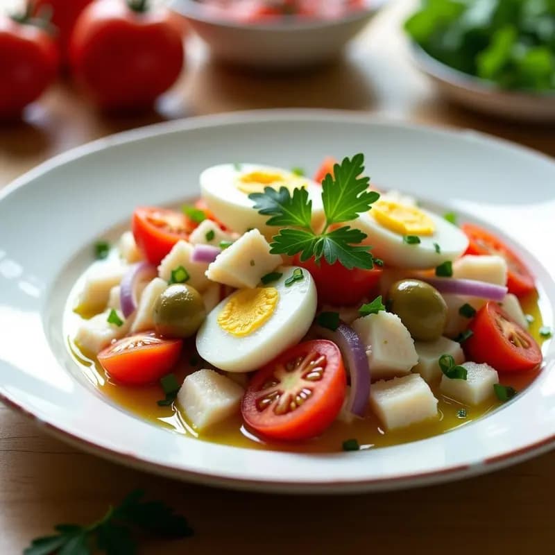 Ensalada fresca de bacalao desmenuzado con tomate pereta en cubos, cebolla morada en juliana y aceitunas verdes, aliñada con aceite de oliva y perejil. Plato blanco rústico sobre fondo de madera clara.