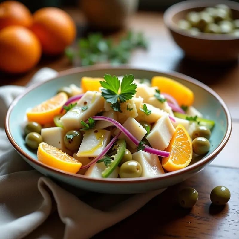 Ensalada murciana refrescante de bachalo desmenuzado, rodajas de naranja, aceitunas negras, cebolla morada y pimiento verde, aliñada con vinagreta de aceite de oliva y perejil fresco.