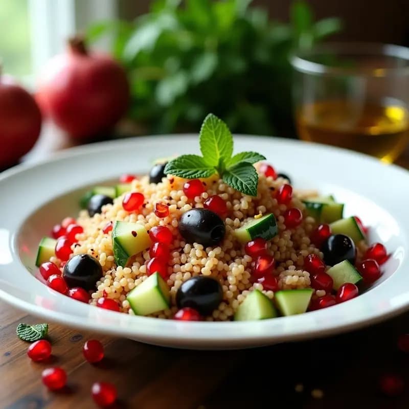 Ensalada mediterránea de bulghur con aceitunas kalamata negras, semillas de granado rojas, pimiento asado y almendras tostadas, servida en un bol de cerámica blanca con vinagreta de granado brillante.