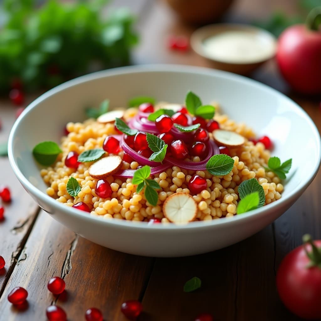 Ensalada armenia vegana de bulkhar y granos de granada rojos vibrantes, con vinagreta de naranja, cebolla morada, perejil y almendras tostadas en un bol de cerámica blanca sobre fondo rústico.
